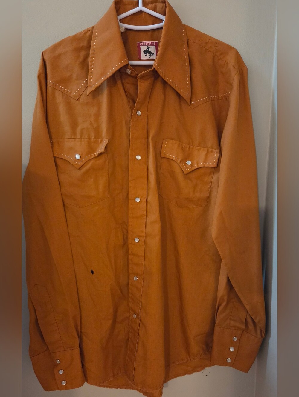 Vintage 70s Chute 1 Pearl Snap Western Shirt Rust Orange Distressed Size L